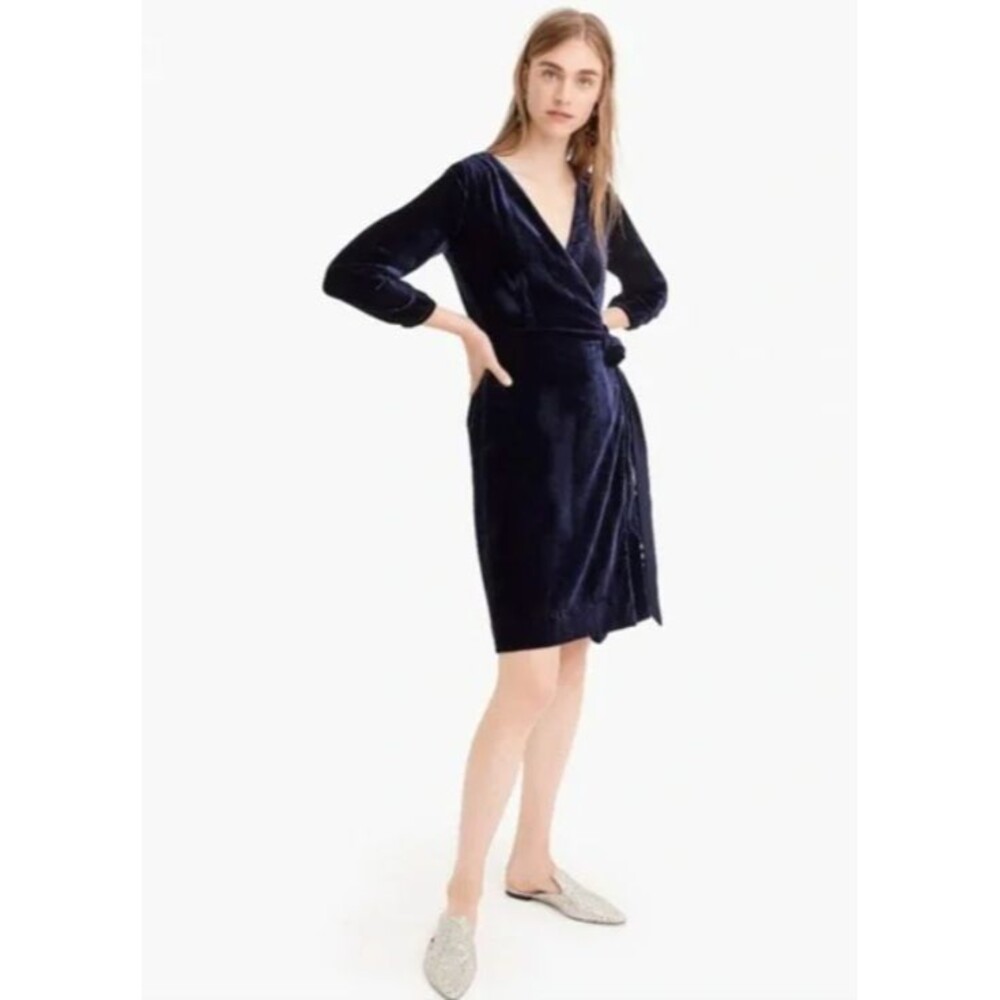 J Crew Velvet Wrap Dress Navy Blue Knee Length Tie Pockets Womens Sz 2 NEW $148